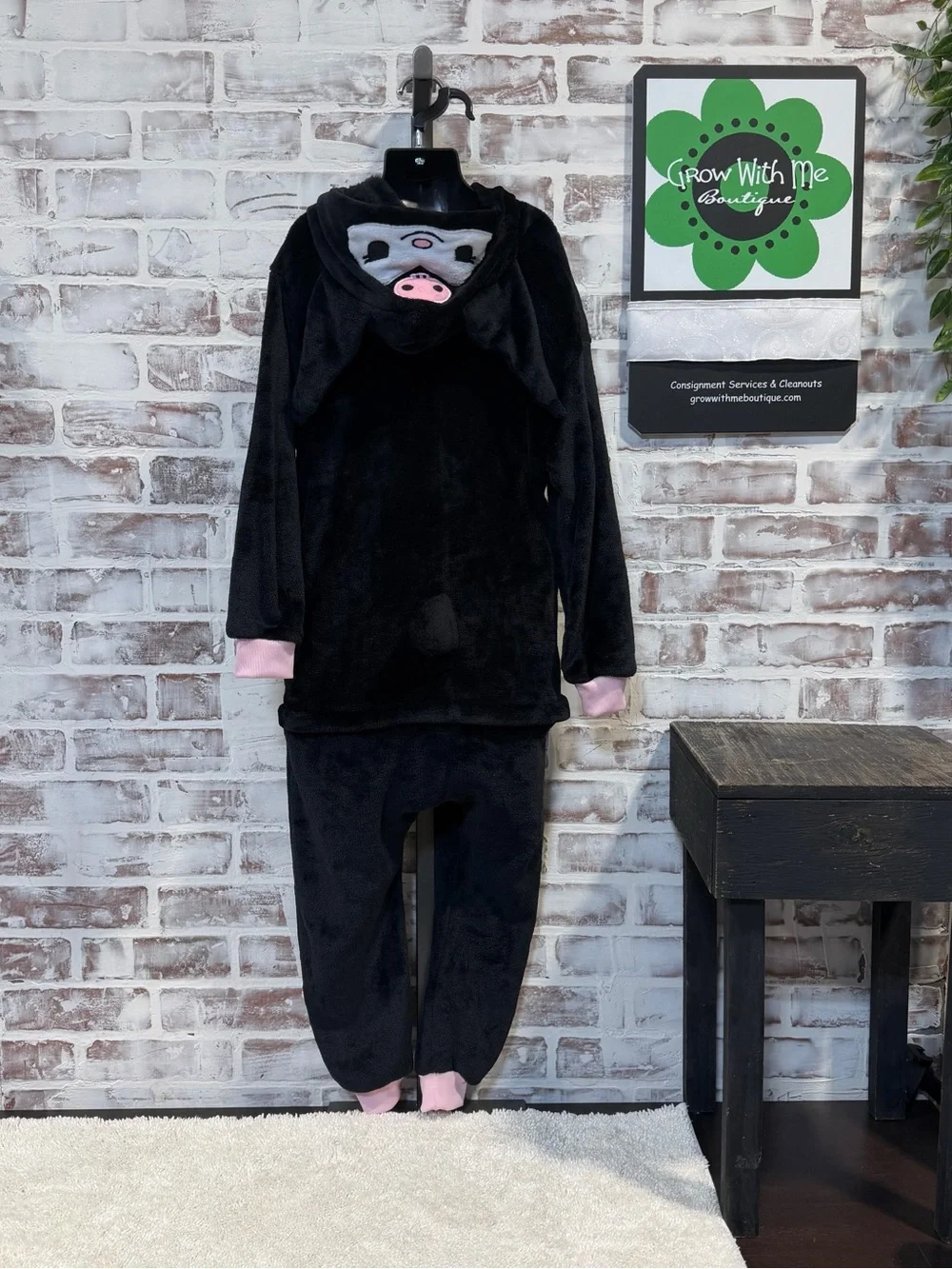 Kuromi Black Plush with Pink Skull Detail fleece one piece 7/8